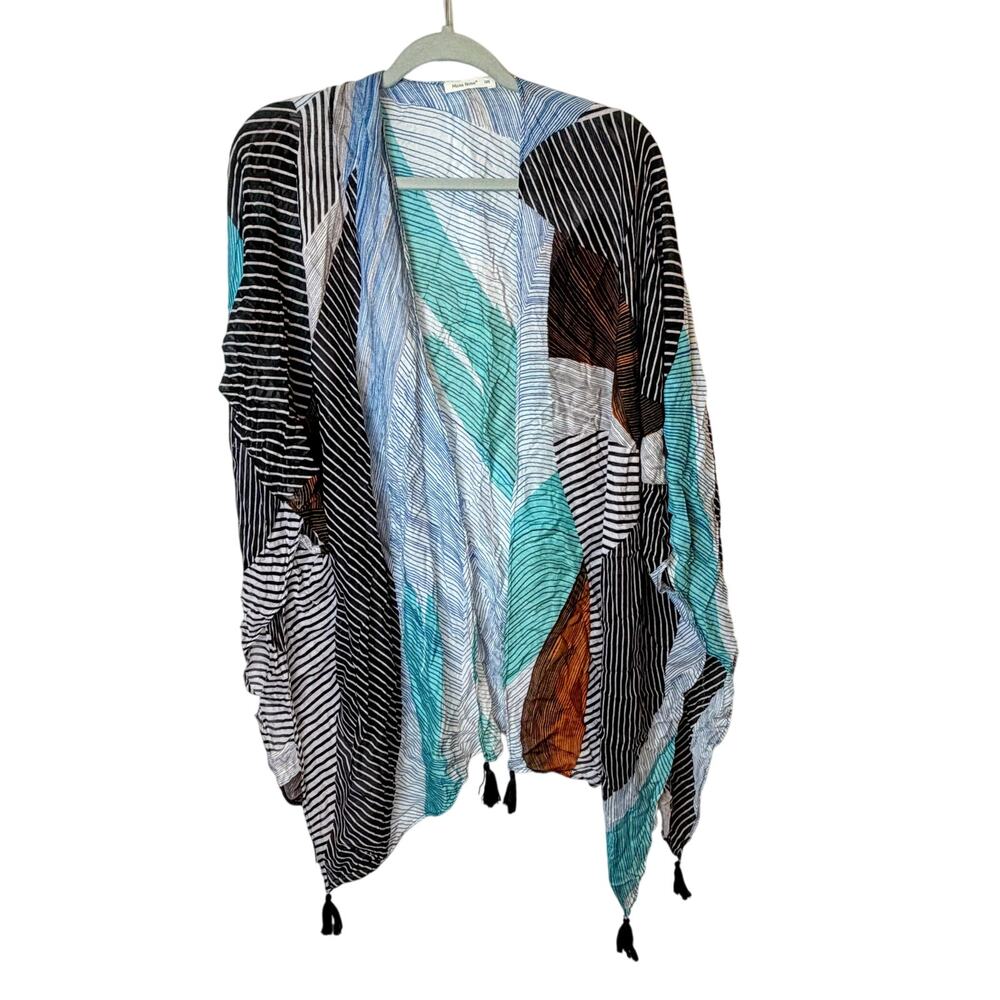 Moss Rose Open Front Kimono Duster One Size Abstract Stripe Tassel Hem Cruise
